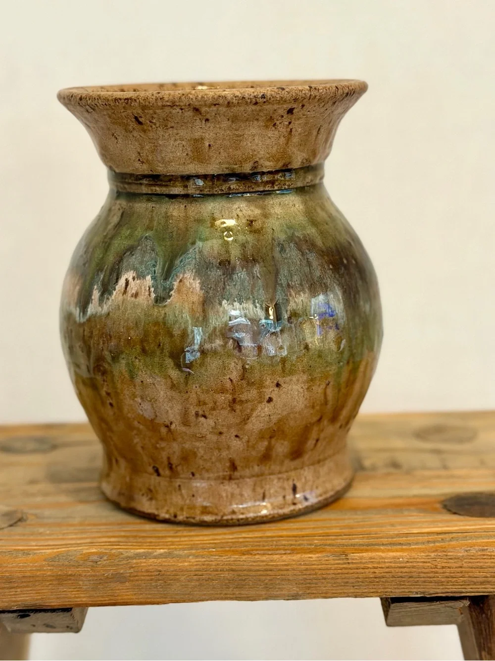 Vintage Handcrafted Stoneware  Vase. Bohemian, green,  brown earth tones